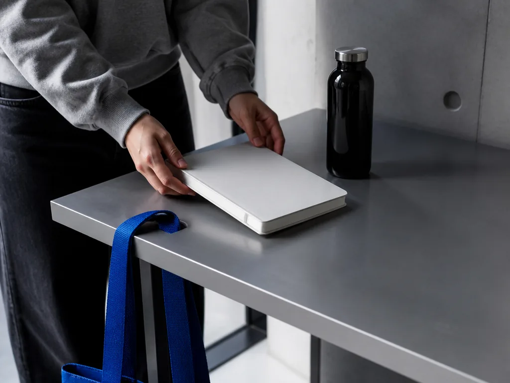 Photorealistic editorial photograph of a student's hands placing a blank, plain notebook beside an unmarked dark glass b