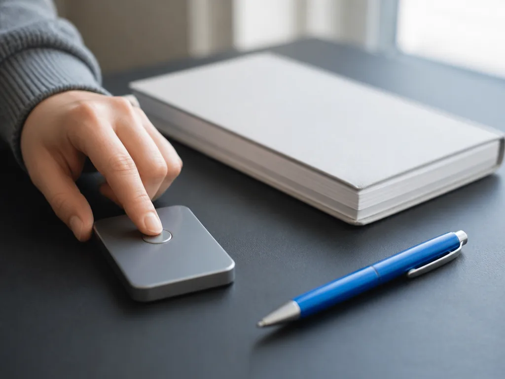 Photorealistic editorial photograph: close-up of a student's hand pressing a matte metal button on a small blank card re