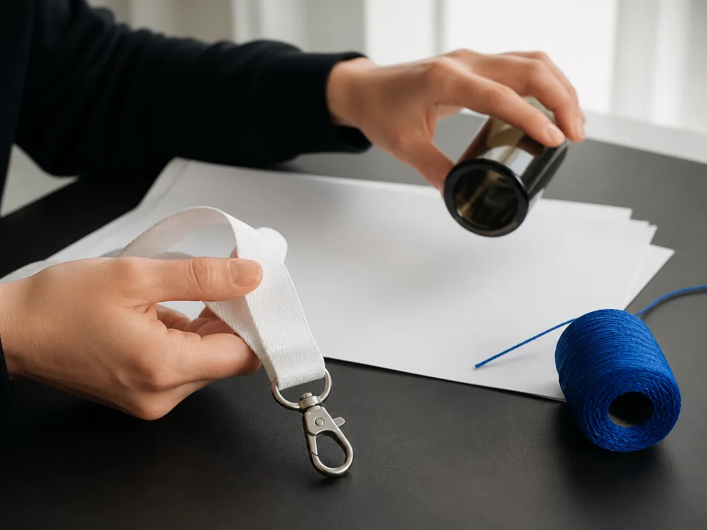 Photorealistic editorial photograph: a person's hand holding a blank woven fabric lanyard with an unbranded matte metal 