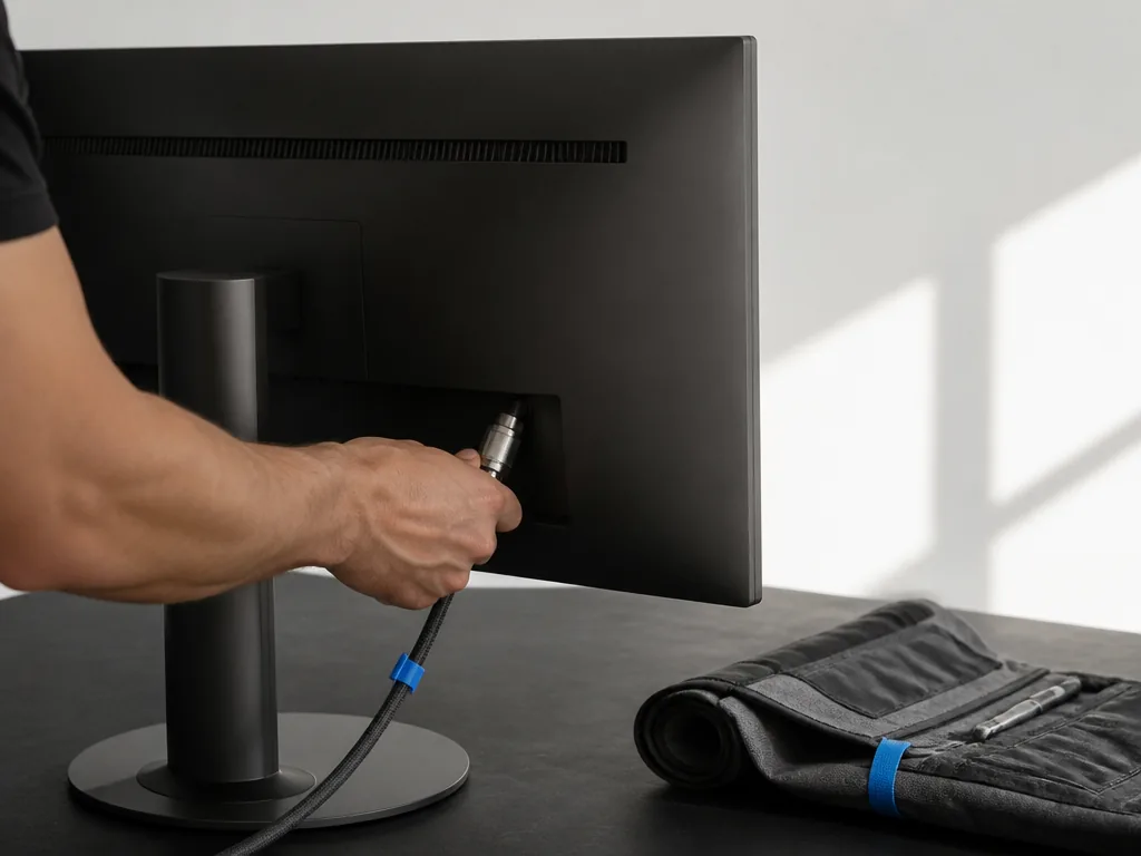 Photorealistic editorial photograph: a technician's hand adjusting a matte metal cable connector on an unpowered dark gl