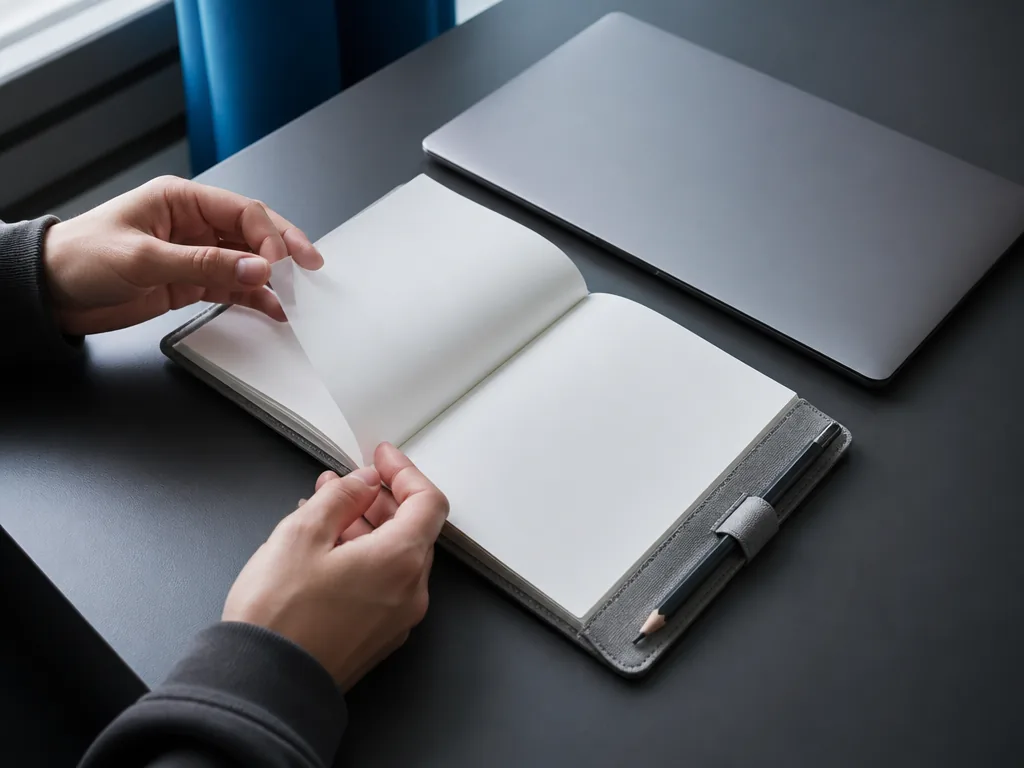 Photorealistic editorial photograph of a person's hands flipping through a blank paper planner beside a closed matte met