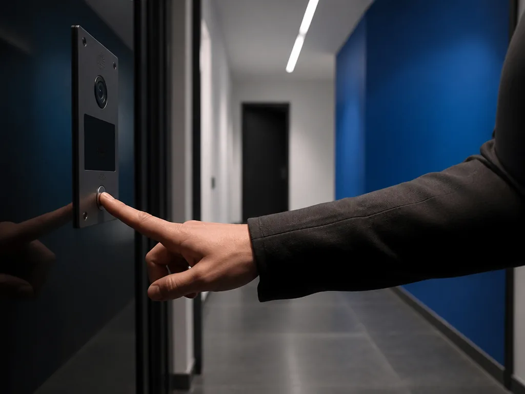 Photorealistic editorial photograph of a hand pressing a dark glass door intercom button in a minimalist hallway, blank 