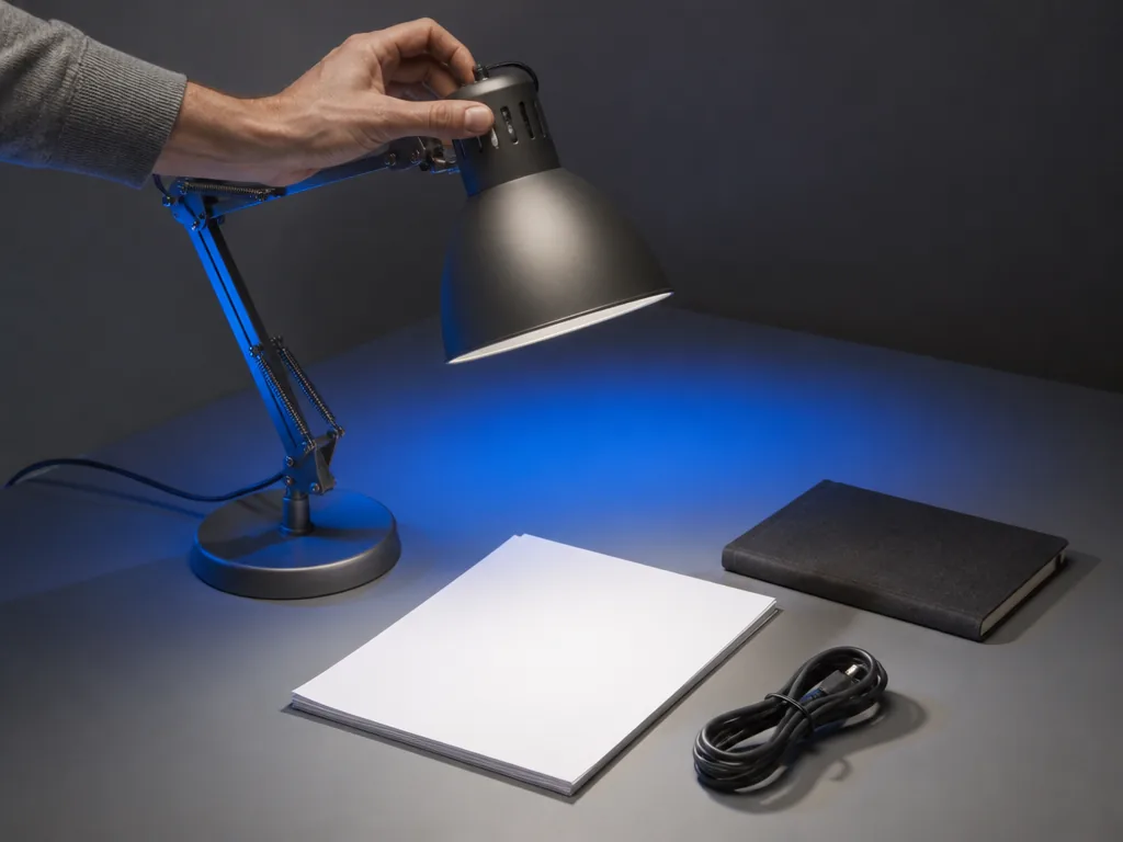 Photorealistic editorial photograph of a person's hand adjusting a matte metal desk lamp over a stack of blank white pap