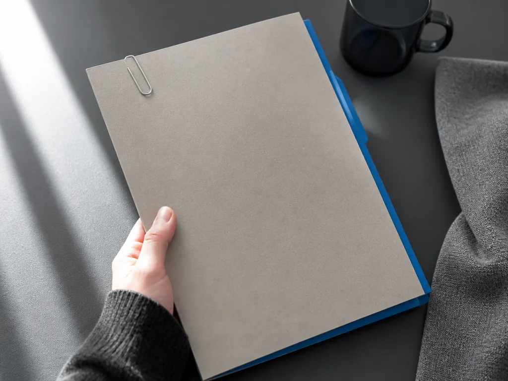 Photorealistic editorial photograph of a student's hand holding a blank cardboard folder with a matte metal paperclip, o